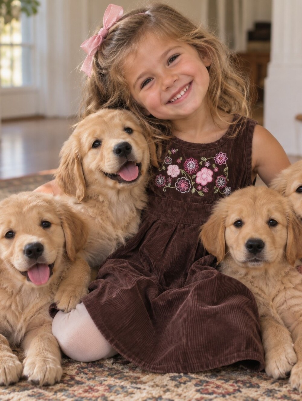 Maggie & Zoe Brown Cotton Corduroy Dress with Pink Floral Embroidery